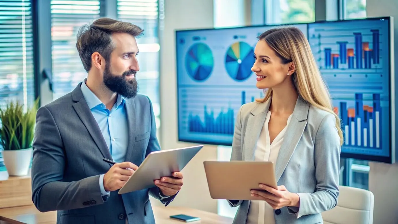 Geschäftsleute diskutieren über Strategie und betrachten Diagramme auf einem Bildschirm.