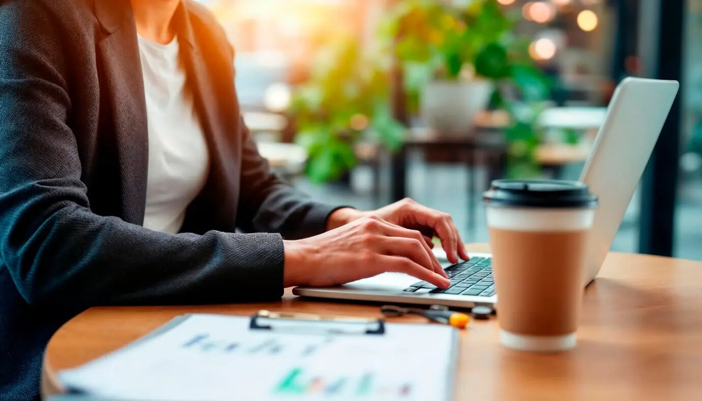 Eine Frau tippt auf einem Laptop.